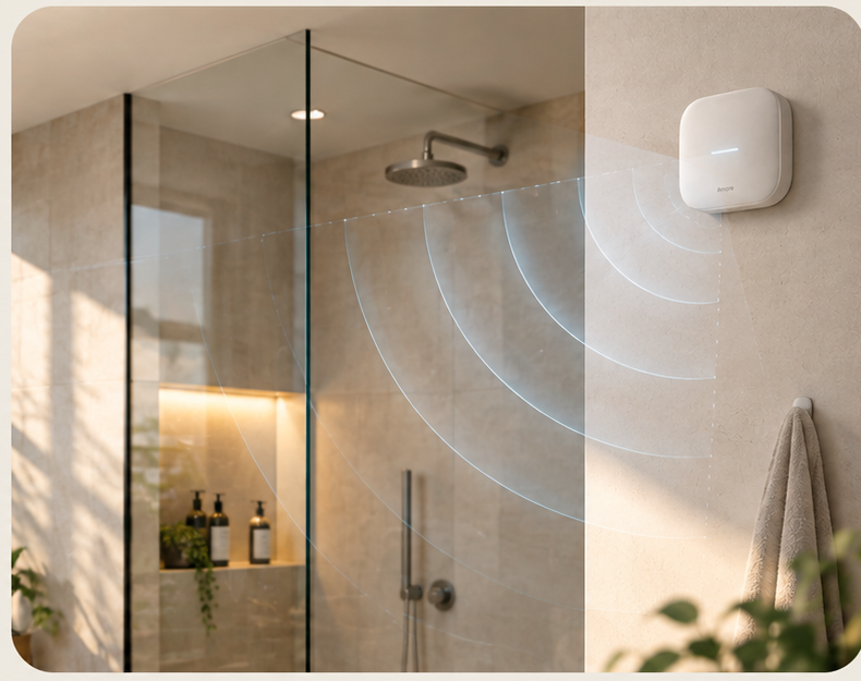 Amore privacy-first safety sensor mounted in a modern bathroom